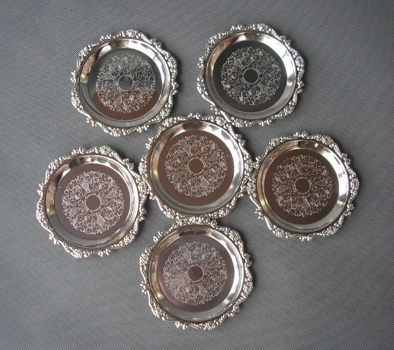 10cm rare zinc alloy metal round coffee/tea cup coaster pad dessert plate mat tableware engraving stamped finish 10PCS/lot