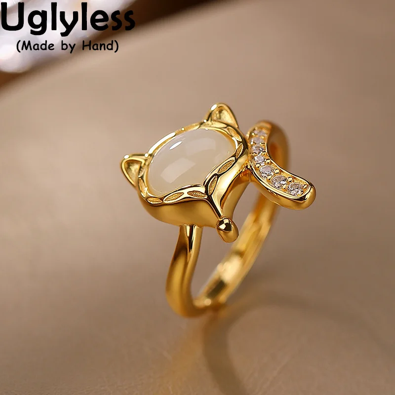 Uglyless Nature Hotan Jade Fox Rings Women Mysterious Oriental Love Goddess Fox Jewelry 925 Sterling Silver Animals Ring Crystal