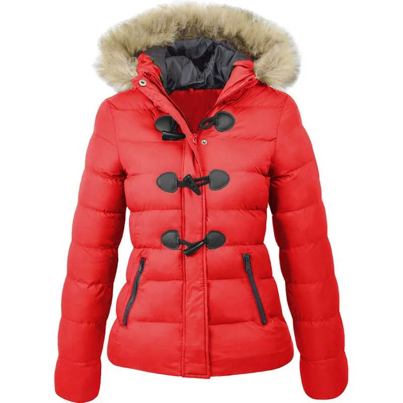 2024 New Winter Fashion Warm Hooded Fur Collar Womens casual Cotton Jacket Parkas Retro Horn Button Women Cotton Coats parka