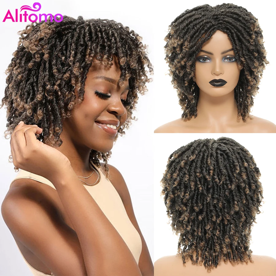 

Alitomo Short Dreadlock Hair Wig Curly Synthetic Soft Faux Locs Wigs With Bangs For Black Women Ombre Crochet Twist Hair Wigs