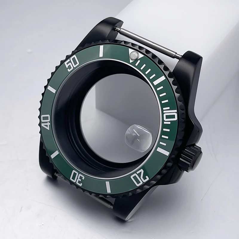 All-Black Sub Style Watch Case with Rubber Strap and Sapphire Crystal