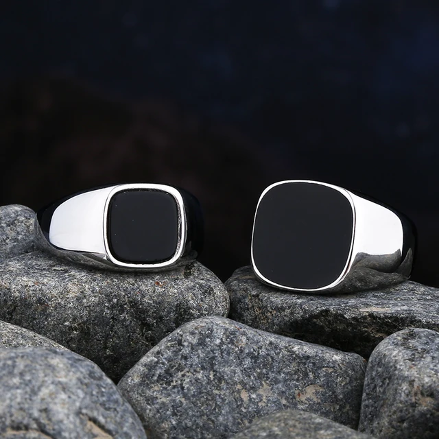 Bagues en acier inoxydable avec pierre d'agate noire pour hommes et femmes, bijoux de mariage de haute qualité, cadeaux simples, mode, livraison directe