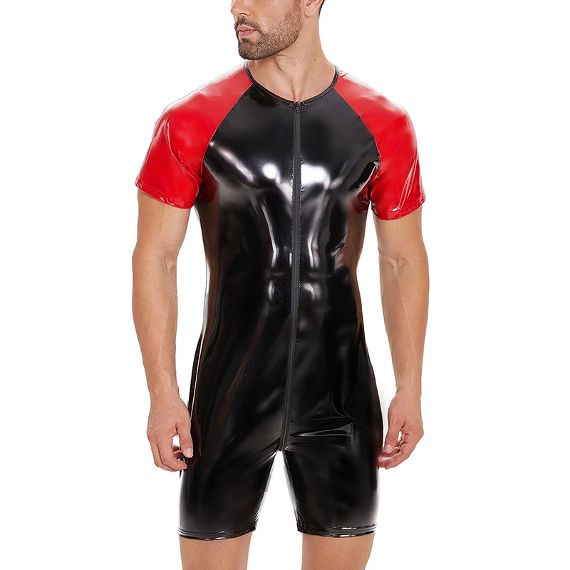 S to 7XL Shiny PVC Leather Jumpsuit for Men Short Sleeve Sexy Open Crotch Slim Fit Tight Bodysuit Zip One Piece Catsuit Clubwear