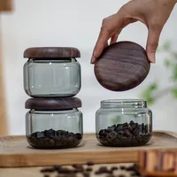 1 Piece 300ml 10oz Air Tight Acacia Walnut Wood Lid Grey Glass Storage Jars Dry Food Snack Candy Sugar Spice Coffee Bean Jar 2