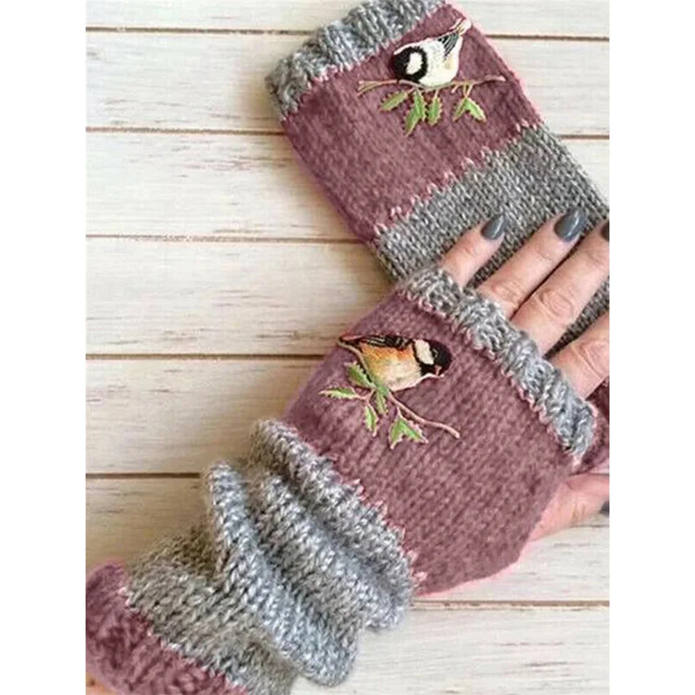 Warm Stitching Embroidered Gloves Cozy Wool Thick Fingerless Winter Gloves Tendonitis Lining Cold Weather Gifts