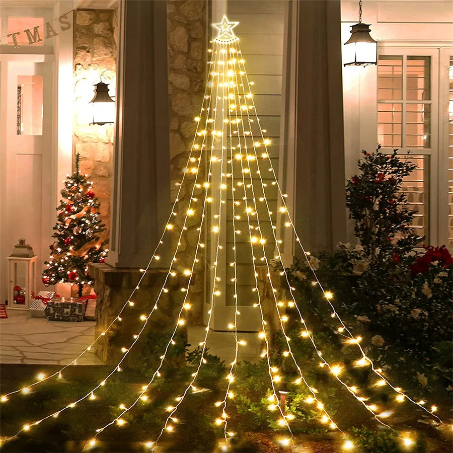 8 Modes LED Stars Waterfall Fairy String Lights Outdoor Waterproof Christmas Garland Lights for Villa Garden Wedding Party Decor