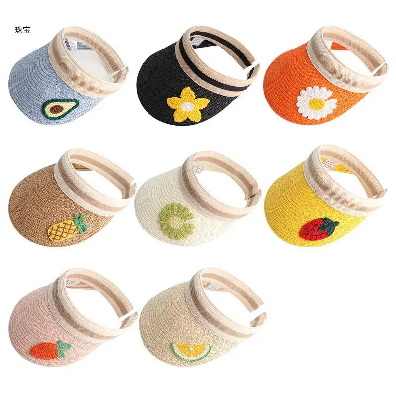 

X5QE Adult Children Summer Straw for Sun Visor Hat Cartoon Fruit Floral Embroidery Empty Top Candy Color Wide Brim Beach