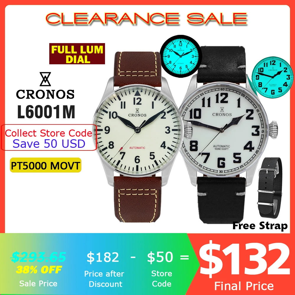 Cronos Pilot Flieger Orologio Meccanico Da Uomo In Acciaio Inossidabile Cinturino In Pelle Con Retro Scheletro In Cristallo Zaffiro Super Luminoso