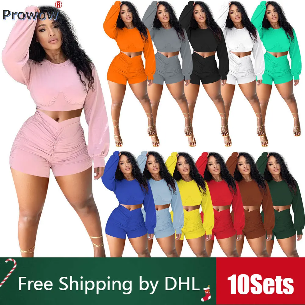 

10 Sets Bulk Causal Sports Suit Summer 2 Piece Womens Outfits Long Sleeve Crop Top Pleated Shorts Solid Tracksuit Wholesale 8553