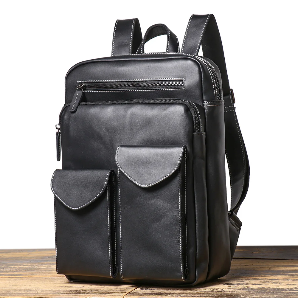 Men's Genuine Leather Backpack High-capacity Commuting Laptop Bag Cowhide Outdoor Travel Trendy Knapsack