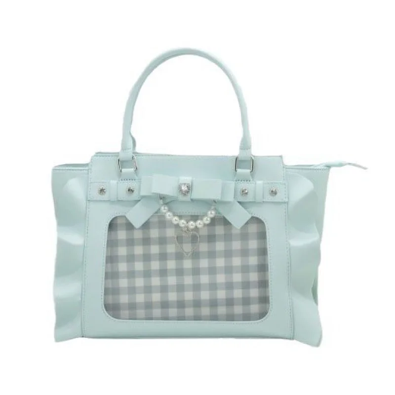 Cute Japanese heart-shaped printed handbag with lace and pearl details, women's crossbody bag with small capacity