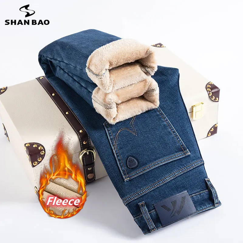 

Quality Winter Fleece Thick Warm Slim Straight Men's Jeans Classic Vintage Badge FitCotton Stretch Youth Dark Blue Denim Pants