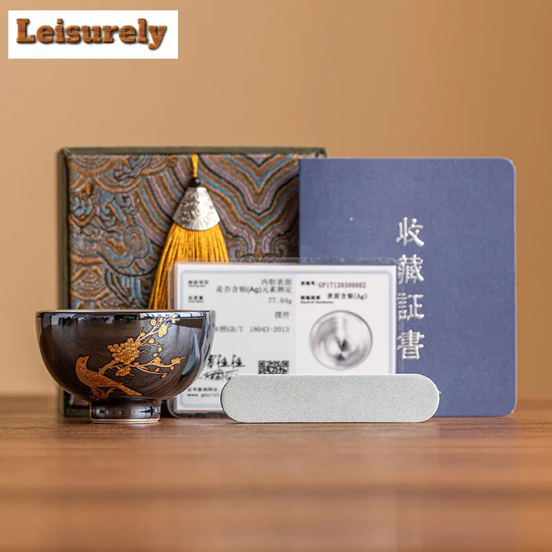 60ml Stacking Gold Flower And Bird Ceramic Teacup 999 Gilt Silver Meditation Cup Small Single Master Cup Tea Bowl Kung Fu Teaset