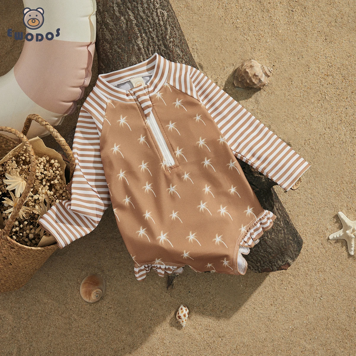 

EWODOS Toddler Baby Kids Girls Bikini Summer Swimsuit Long Sleeve Stand Collar Coconut Tree Print Striped Swimsuits Beachwear