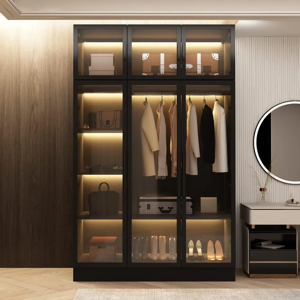 Wardrobe Cabinet with LED Light Strips Armoire Closet with Glass Doors, Wooden Large Wardrobe with 5 Tiers Shelf & Hanging