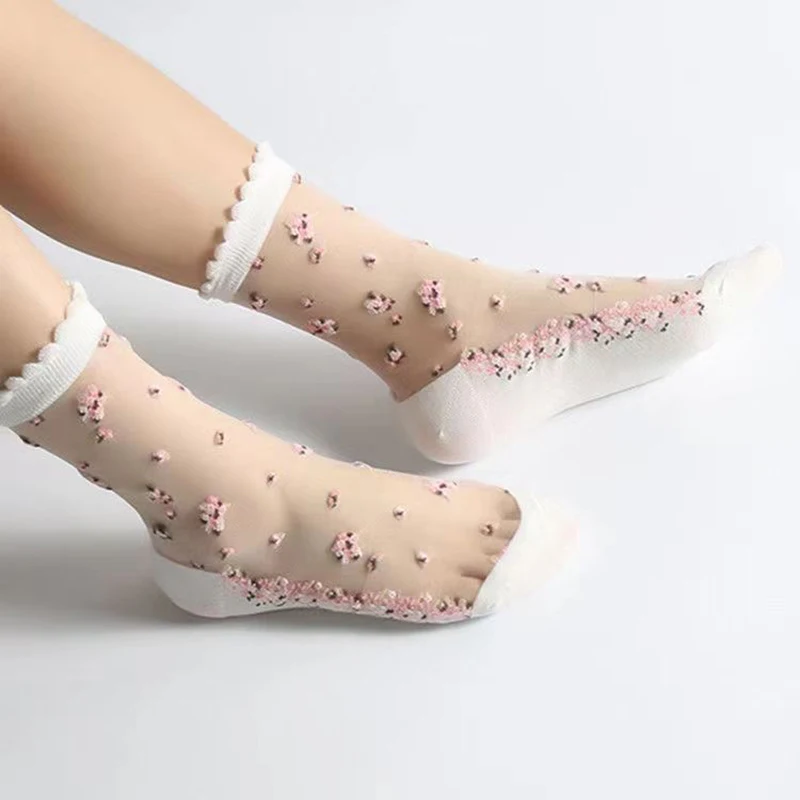 5 Pairs Women Sexy Mesh Floral Short Casual Socks Cute Ladies Transparent Summer Ultra Thin Socks Streetwear Crew Socks 4
