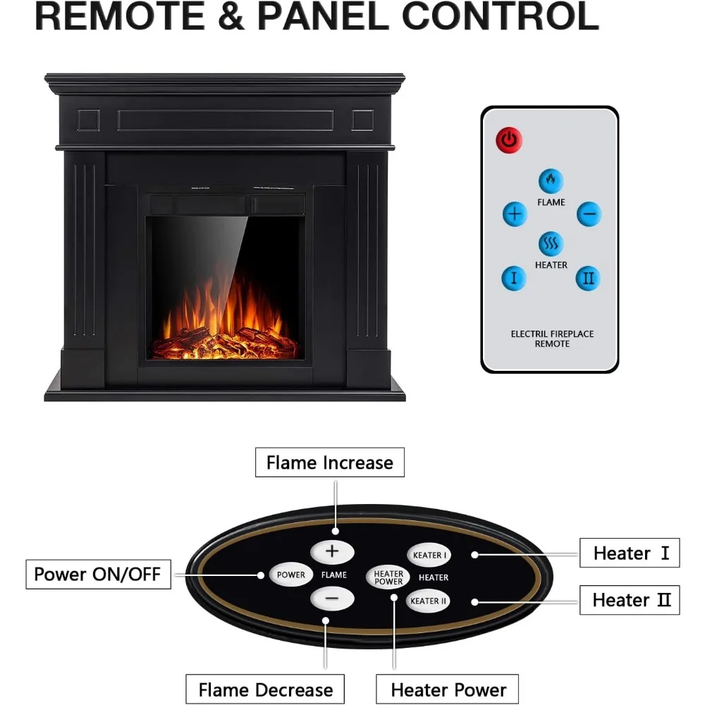 44" Electric Fireplace with Mantel Package Free-Standing Fireplace Heater, Wooden Surround Firebox with Log, Remote Control 6