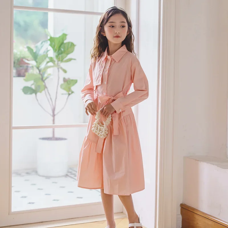 kids teen girls solid blue pink buttoned shirt dress 6 to 16 years childgren girl spring autumn fashion cotton casual dresses