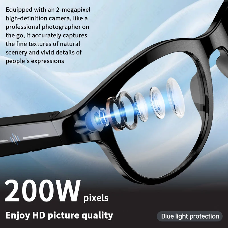 LIGE 2MP AI Smart Glasses Multifunctional Camera Bluetooth Call Voice Assistant Translate Music Player 720P HD Video Sunglasses
