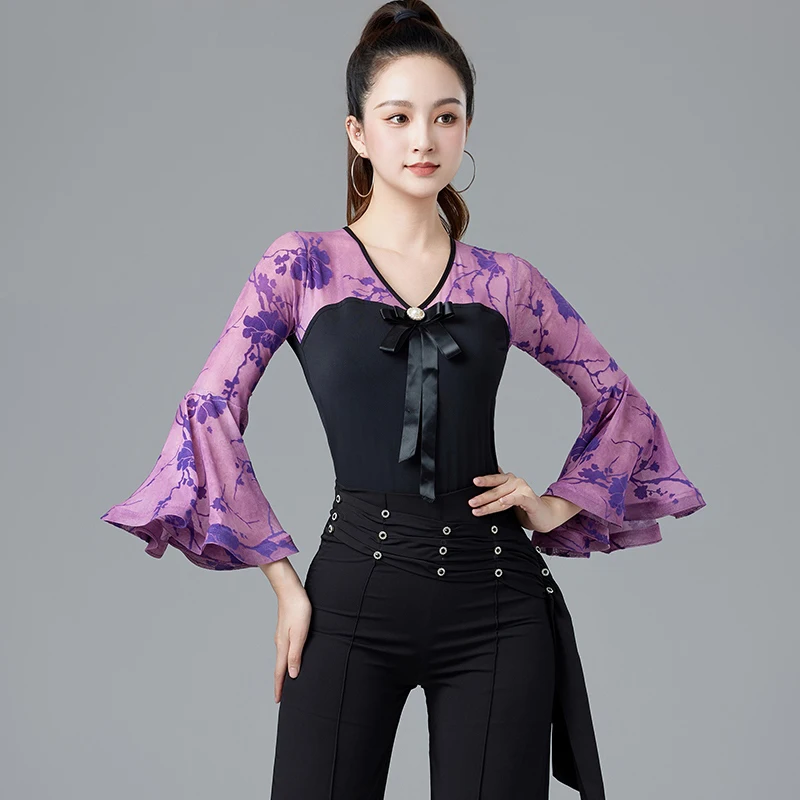 

Новинка 2024, топы для латиноамериканских танцев для женщин, тренировочная одежда с рукавами-фонариками, современная женская одежда для латиноамериканских танцев DQL9110