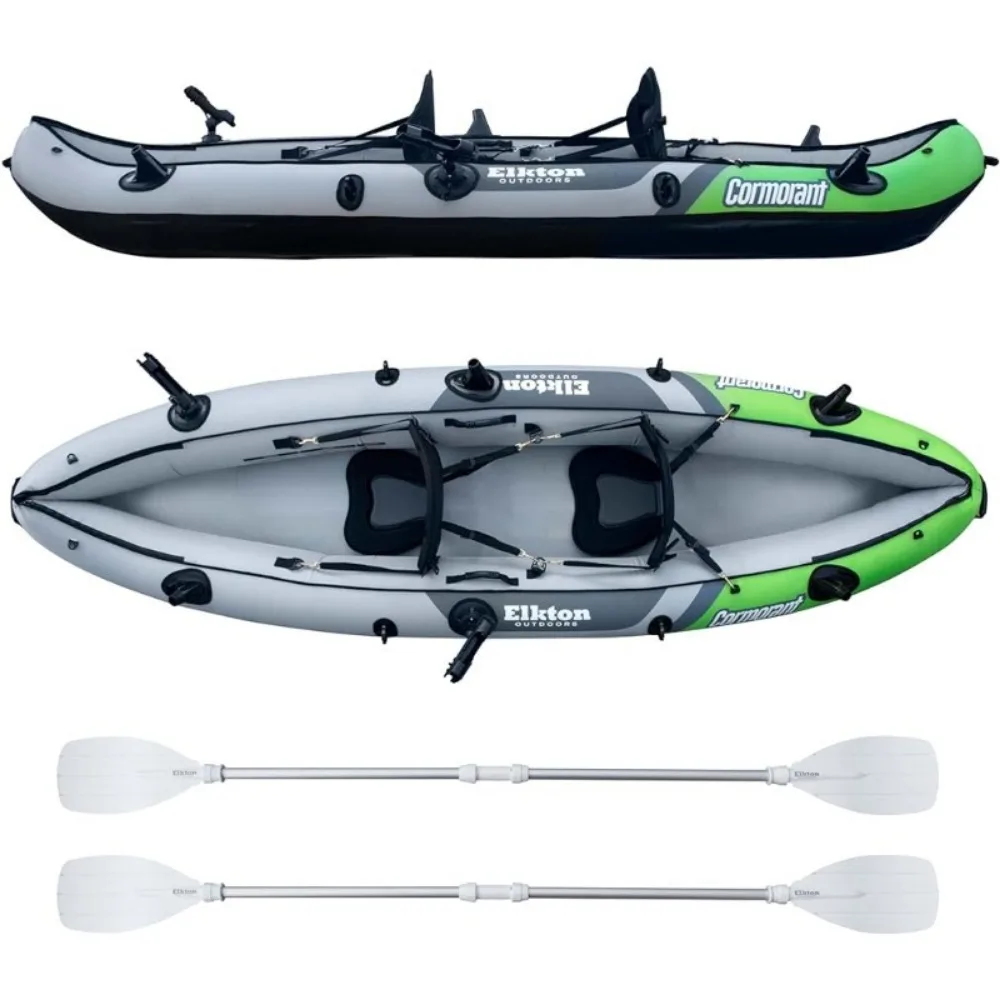 Elkton Outdoors Cormorant 2 Person Tandem Inflatable Fishing Kayak Includes 2Active Fishing Rod Holder Mounts 2 Aluminum Paddles