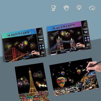4Pcs/Set A4 Magic Scraping Painting DIY Colorful City Night View Scratch Paper Drawing Toys for Kids Learning Toys 21x29.7CM 1