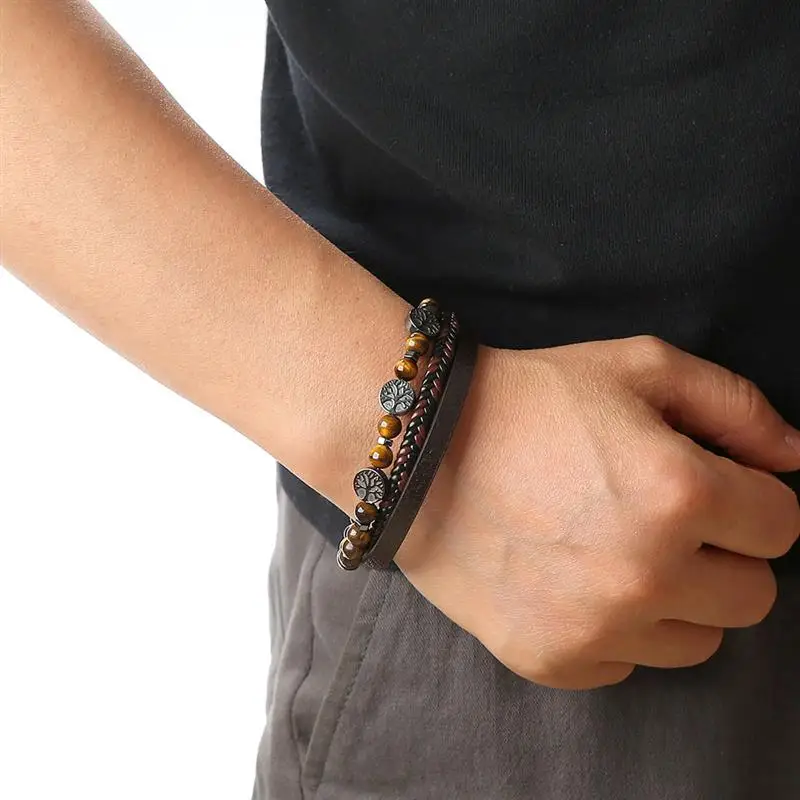 High Quality Leather Bracelet Men Classic Fashion Tiger Eye Beaded Multi Layer Leather Bracelet For Men Jewelry Gift