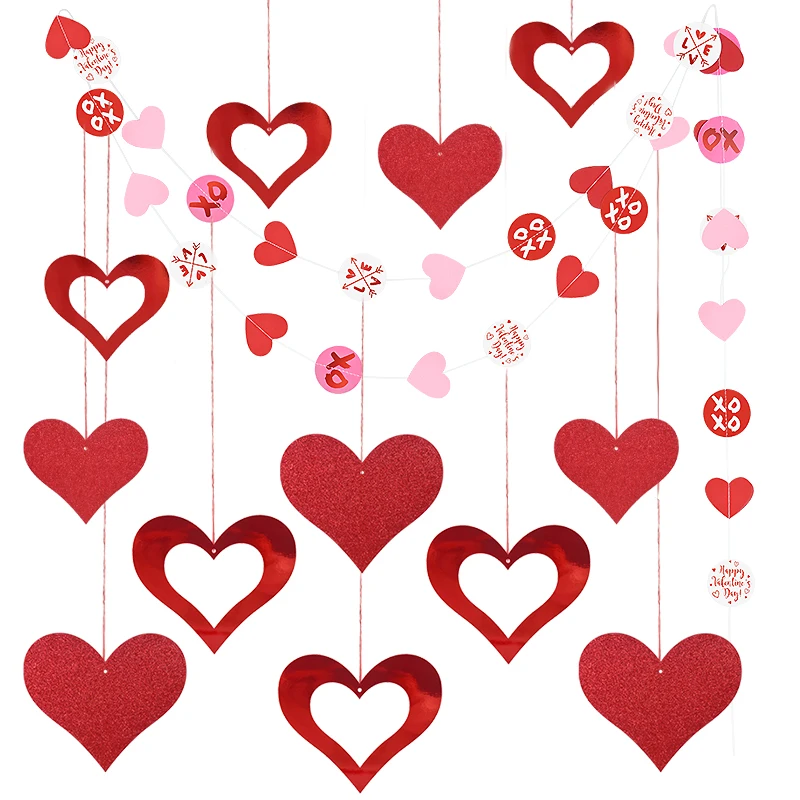 

Red Heart Banner Garland Valentine's Day Hanging Decorations Bridal Shower Doors Windows Decor Wedding Party Hanging Ornament