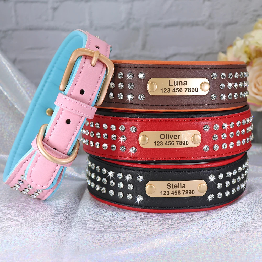 Bling Rhinestone Dog Collar Personalized PU Leather Dog Necklace Soft Padded Crystal Collars Free Engraved For Medium Large Dogs
