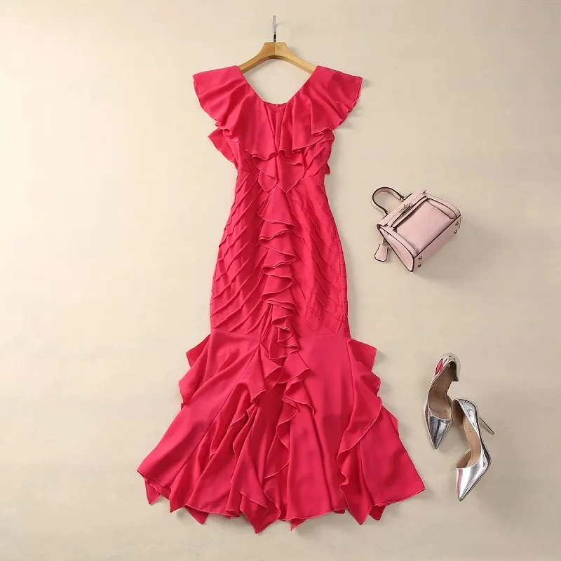 

Роскошное платье 2024, весеннее модное дизайнерское платье, женское элегантное платье с V-образным вырезом и оборками и цветами, женское длинное фотоплатье, фиолетовое красное платье XXL