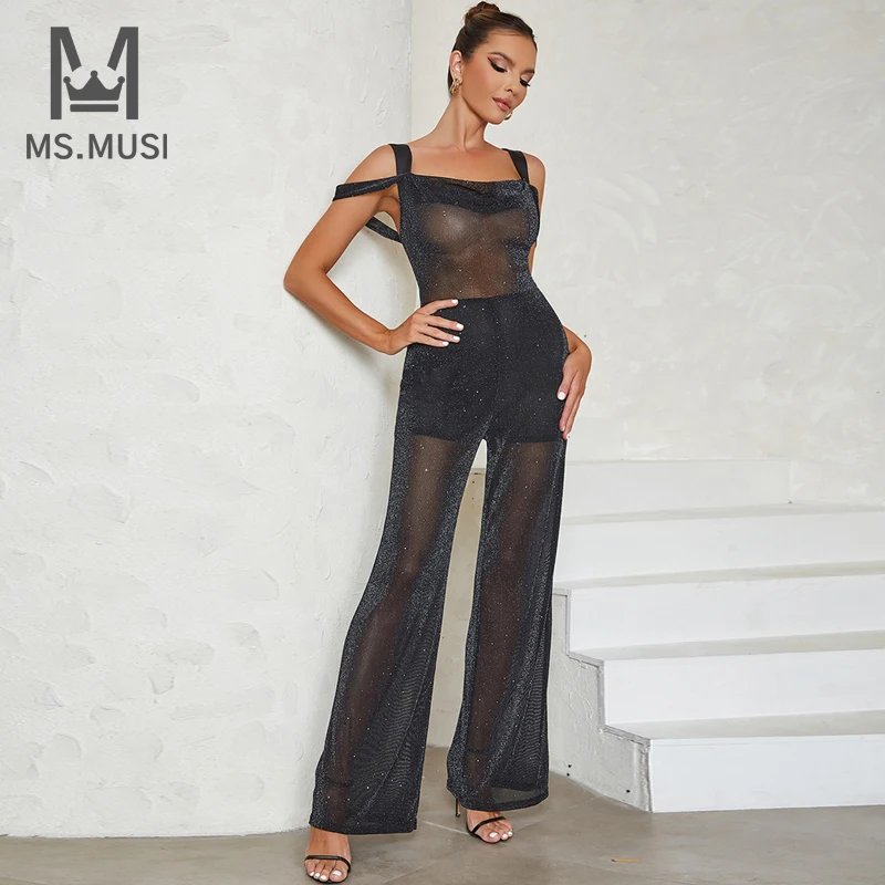 

MSMUSI 2023 New Fashion Women Sexy Strap Off The Shoulder Lace Mesh Hollow Out Backless Bodycon Party Club Flare Pant Jumpsuit