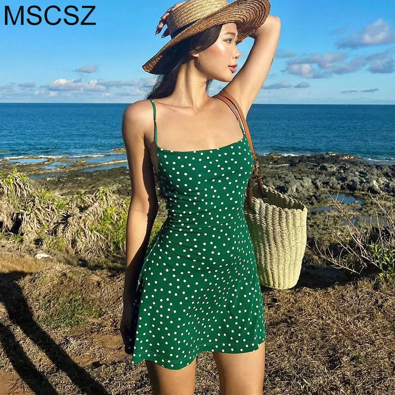 

Green Polka Dot Mini Dress Spaghetti Strap Backless Sexy Beach Dress Women Fashion Boho Summer Dress 2024