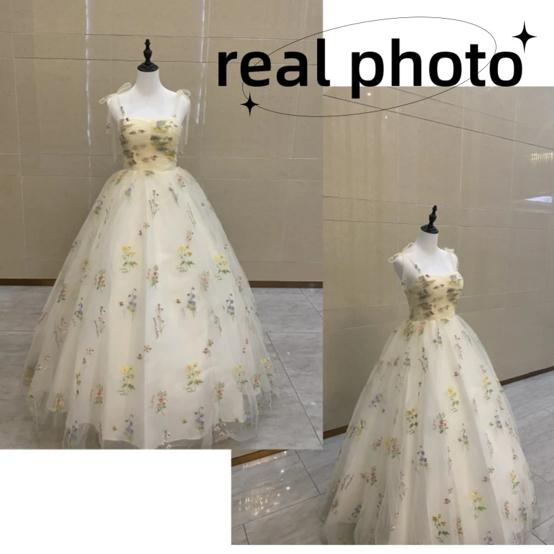 Champagne Quinceanera Dresses Fashion Spaghetti Strap Floor-length Ball Gown Dress Sweet Embroidered Small Flowers Prom Dresses