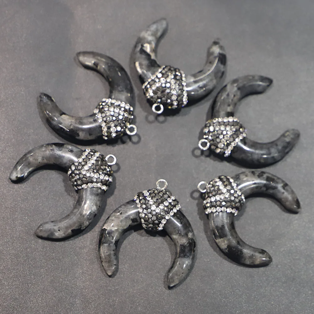 Free Shipping Natural Stone Crescent Horn Encrusting Diamond Pendant Necklace Fashion Reiki Jewelry Accessories Wholesale 6P/Lot