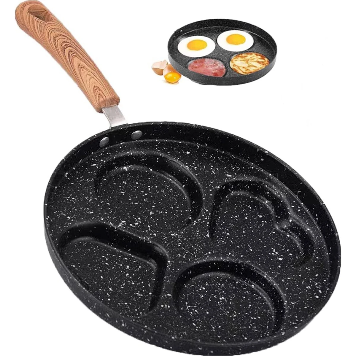 Egg Pan with Wooden Handle 4 Cups Fine Iron Egg Frying Pan Non Stick Egg Cooker Pan Multifunction Egg Pancake Pan Easy Clean Egg