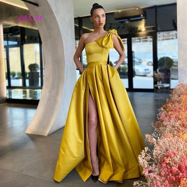 Chic A-line Spaghetti Straps Yellow Long Prom Dresses Satin Evening Go –  SELINADRESS