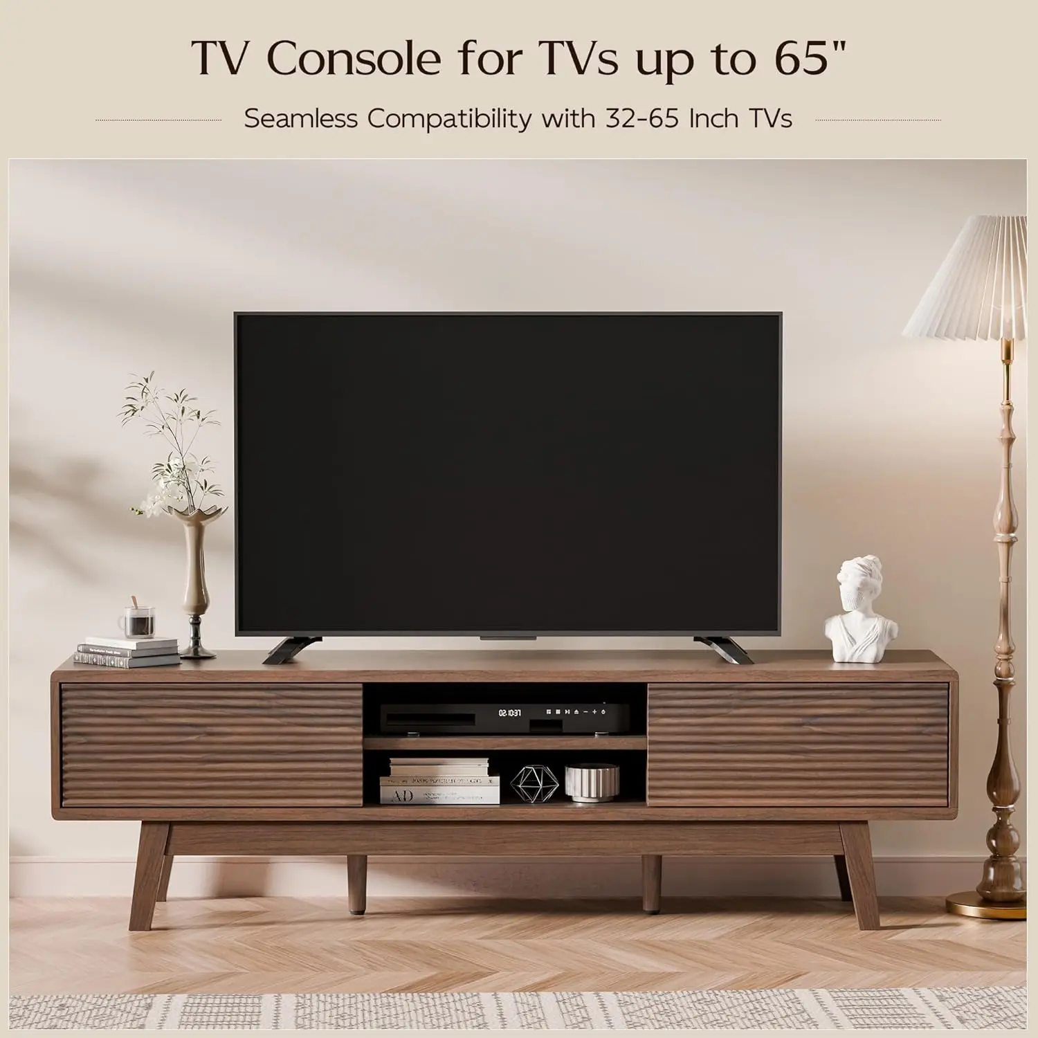 59" TV Console, Mid Century Modern Media Console for 55/60/65 Inch TV, Low Profile TV Stand with Fluted Sliding Doors, Boho