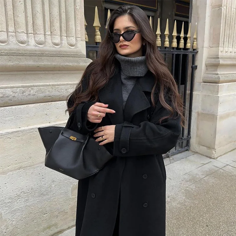 Street Long Trench Coats With Belt Women Black Loose Lapel Double Breasted Full Sleeve Overcoat 2025 Early Spring Lady Outwears 4