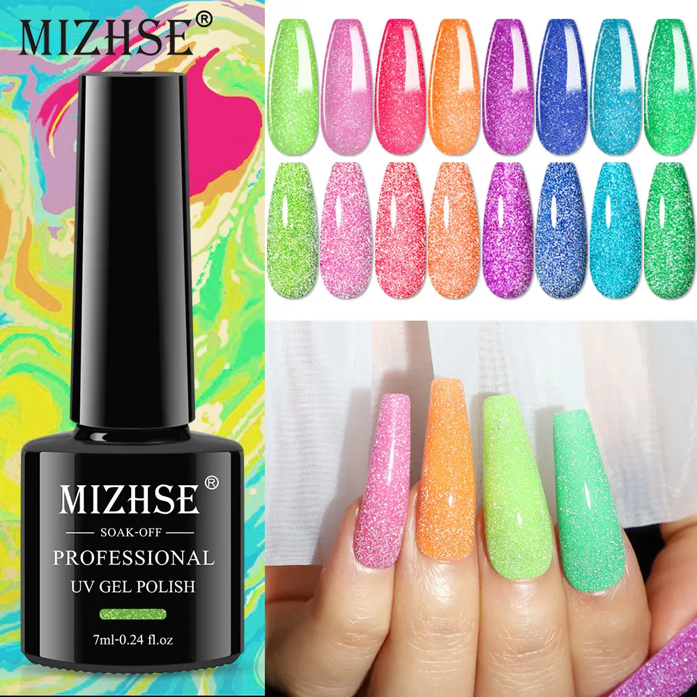 MIZHSE 7ml Neon Reflective Glitter Nail Gel Polish Neon Color Full ...