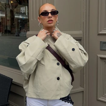 HXAO سترة نسائية معطف ديمي الموسم قصير خندق معطف امرأة طويلة الأكمام زر سترة واقية جديد في معاطف معاطف نسائية أنيقة 5