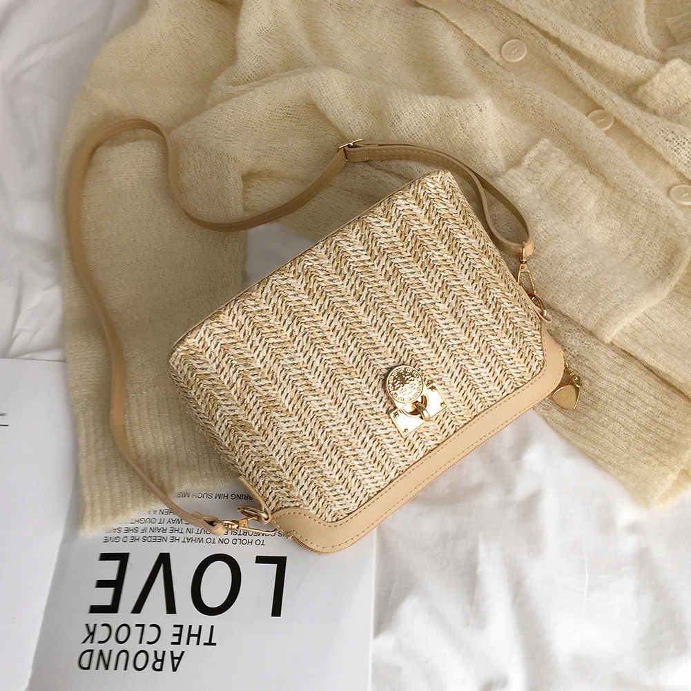 Straw Shell Crossbody Bag Women Boho Beach Woven Leather Shoulder Messenger Bags