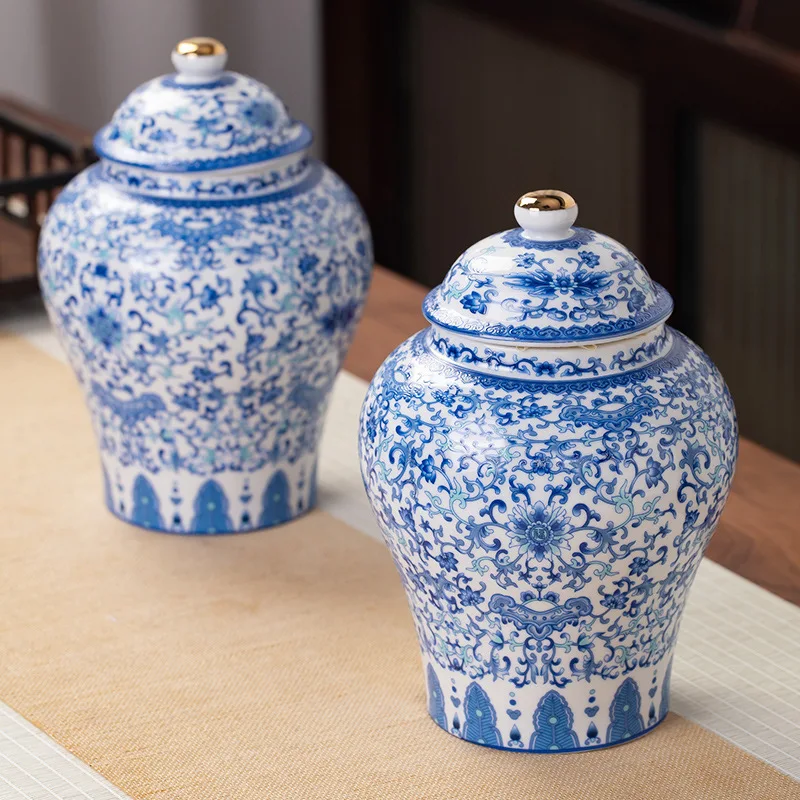 Gold-plated Ceramic Tea Jar Vintage Blue and White Porcelain Sealed Storage Jar Moisture-proof Candy Food Pot Storage Container tea tin box tea canister fragrance powder jar