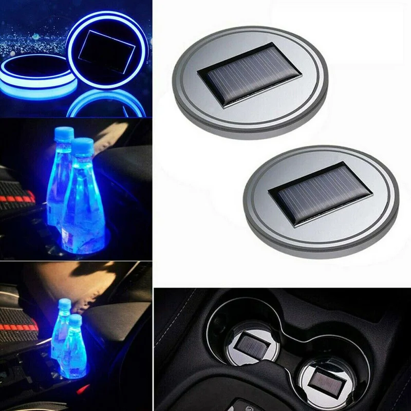 

2PCS Car LED Solar Cup Pad Holder Mat Pad Drink Bottle Car Accessories Light Cover Auto Interior Decoration Light Blue Universal
