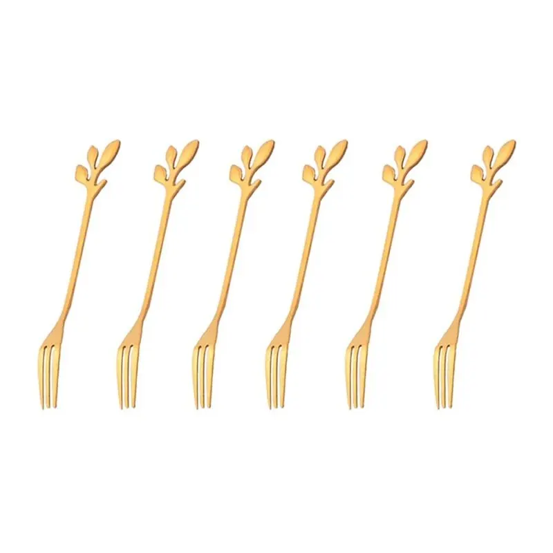 Stainless Steel Fork 6Pcs Creative Stainless Steel Gold Flatware Fruit Fork Dinnerware Appetizer Snack Dessert Fork Kitchen Tableware Leaf Shape