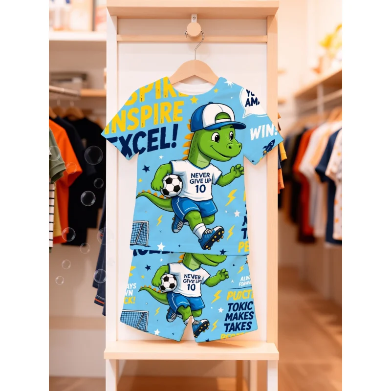 2 Pcs Boy Clothes Baby Cute Sets Summer Adventure Cartoon Dinosaur Soccer Theme Happy Kids Outdoor Play Fun Active Playwear For 2