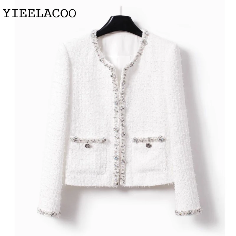 

White tweed jacket with handmade diamond studded beads autumn/winter women's clothing, socialite top, classic one piece jacket