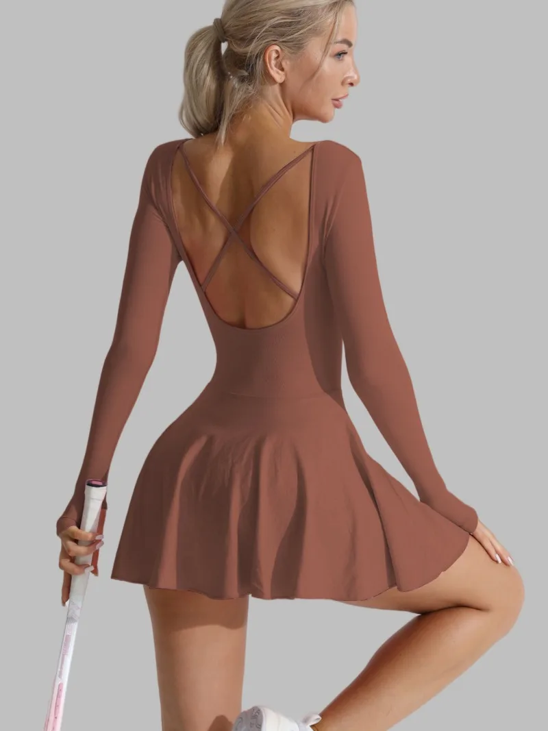 Sean Tsing Women Tennis Dresses Long Sleeve Backless Golf Wear Built in Shorts Athletic Workout Sports Fitness Rompers Vestidos