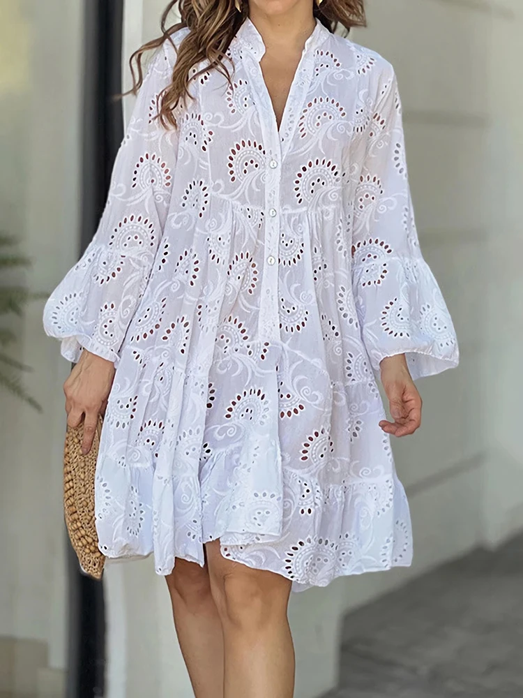 

Spring Summer New Womens Hollow Out Floral Dress Casual V Neck Flare Sleeve Robe Female Fashion Cotton Outfits Mid-calf Dress