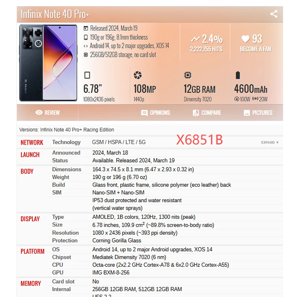인피닉스 노트 40 프로 4G X6850 터치 스크린 전면 외부 유리 패널 렌즈 (인피닉스 노트 40 프로+ X6851B용) OCA 교체 포함