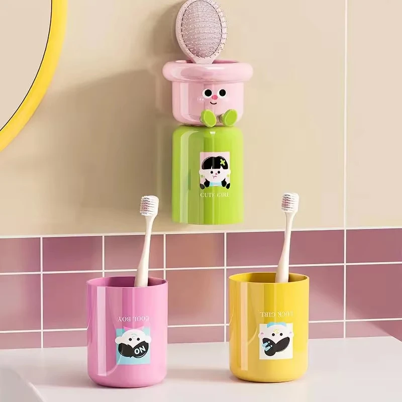 Cartoon Magnetic Toothbrush Holder Punch-Free Upside Down Wall Mounted Bathroom Storage Rack Gargle Cup Organizer_voghion.com